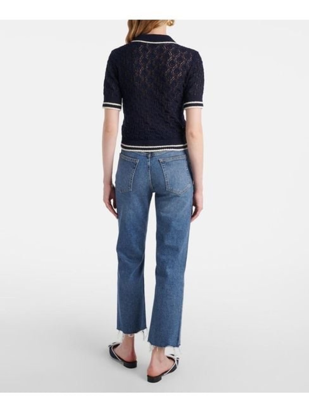 Frame | Navy and Cream Crochet Short Sleeve Knit Top, S - Picture 5 of 12